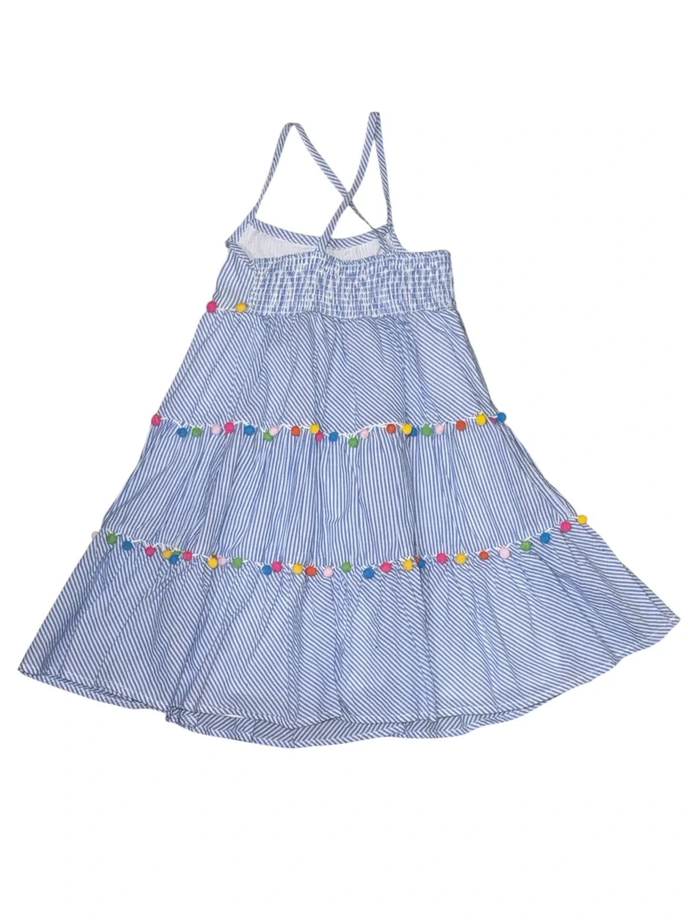 Tommy Bahama Blue and White Striped Pom-Pom Tiered Dress
